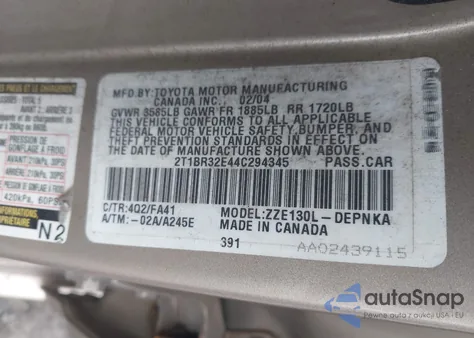 2004 Toyota Corolla Le from USA, damaged, VIN 2T1BR32E44C294345